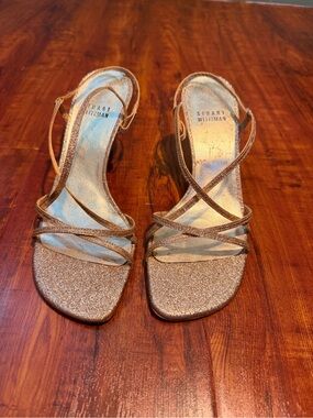 Stuart Weitzman Rose Gold Glitter Strappy Heels